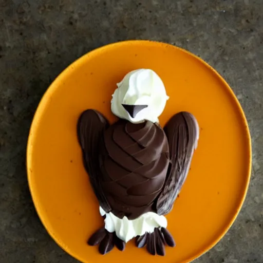 Image similar to a bald eagle made of chocolate powder, mango, and whipped cream