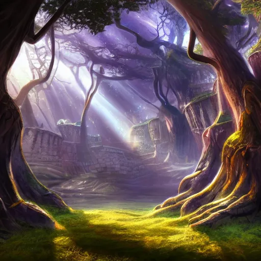 Prompt: a fantasy city within the giant branches of yggdrasil, illustration, bright sunlight, sun glints, sunrays, digital art, hyperrealistic, oil painting, fantasy, 8 k, trending on artstation, detailed