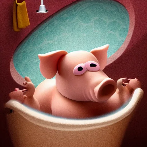 Image similar to a cartoon humanoid anthropomorphic pig lay in the tub, smoking, digital art, very strong lighting, trending on artstation