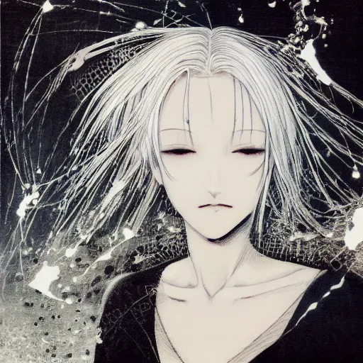 Image similar to Yoshitaka Amano realistic illustration of an anime girl with white hair and cracks on her face wearing dress suit with tie fluttering in the wind, abstract black and white patterns on the background, noisy film grain effect, highly detailed, Renaissance oil painting, weird portrait angle