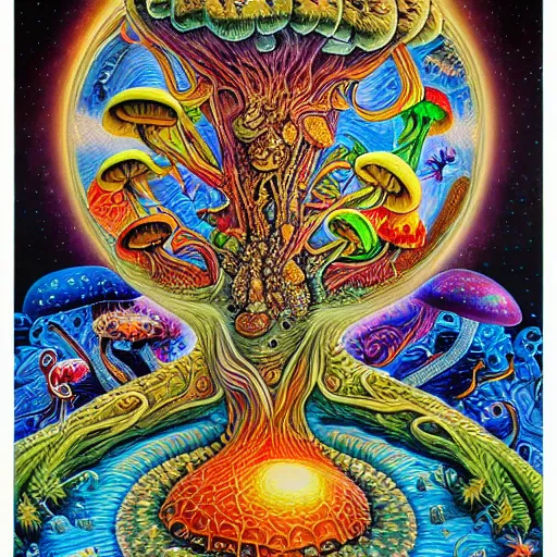 Image similar to mushroom of life painting by aaron brooks, chris dyer, android jones, and alex grey, highly detailed, high quality, high definition, 8k photo