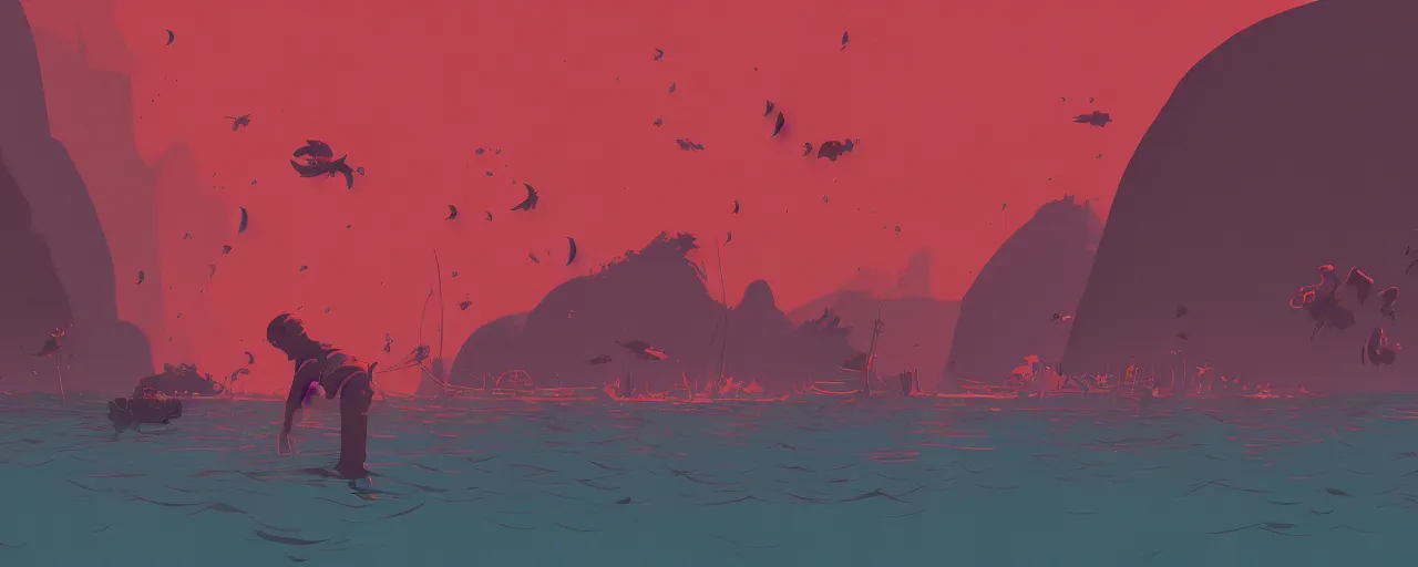 Prompt: piranhas swarming, blood in the water, atey ghailan, goro fujita, studio ghibli, rim light, terrifying, red tint, dark lighting, clear focus, very coherent