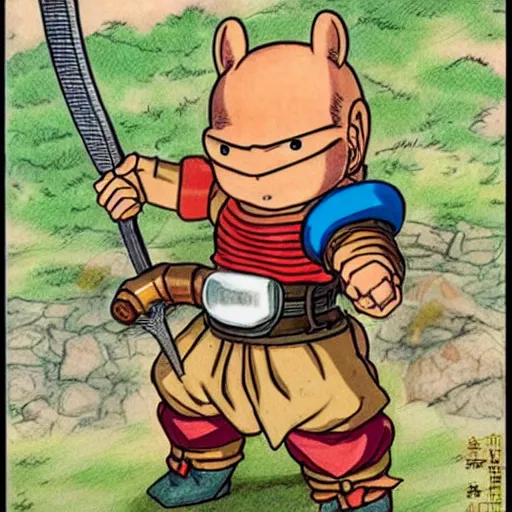 Prompt: original Akira Toriyama character design, medieval knight beaver, holding an enormous sword, sketch, Akira Toriyama style