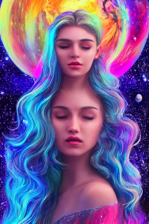 Image similar to one super realistic beautiful young womans face, magical, space stars and planets in her hair, windblown, intricate, synth-wave, retrowave, colorful, highly-detailed, elegant, dramatic lighting, gorgeous face, lifelike, photorealistic face, long luxurious intricate gown, digital painting, artstation, illustration, concept art, smooth, sharp focus, art by Jude Palencar, John Collier, artgerm, and Albert Aublet and Krenz Cushart and Artem Demura and Alphonse Mucha