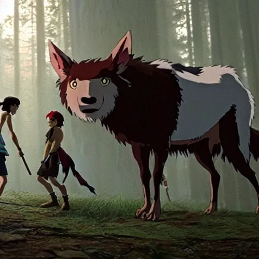 Image similar to a still frame from the princess mononoke live action film, cinematic, filmic