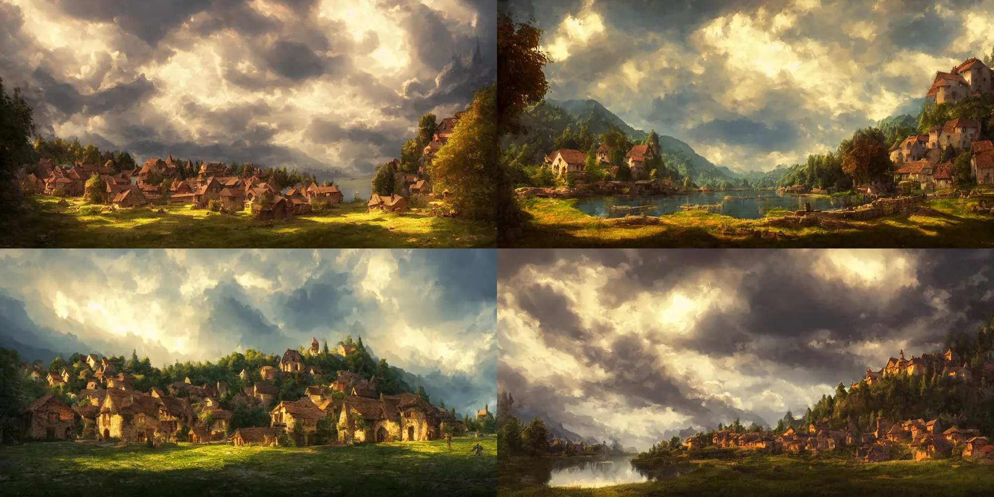 Prompt: A beautiful rendition of a small medieval village near a lake, cumulus clouds, dramatic composition, cinematic, concept art, golden ratio, matte painting, Marc Simonetti, Sergey Vasnev, Anato Finnstark, artstation, 8k, high resolution