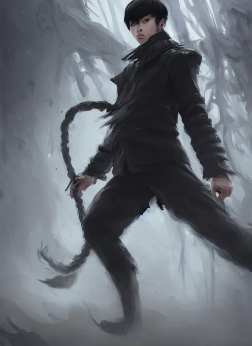 Image similar to a highly detailed illustration of korean man with bowl cut black hair wearing tie with giant black claws, wielding giant black fog claws pose, tired expression, foggy black mist surrounding background, intricate, elegant, highly detailed, centered, digital painting, artstation, concept art, smooth, sharp focus, league of legends concept art, wlop.