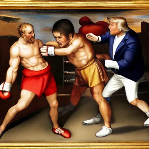 Image similar to a renaissance painting of donald trump and joe biden fighting in a boxing ring