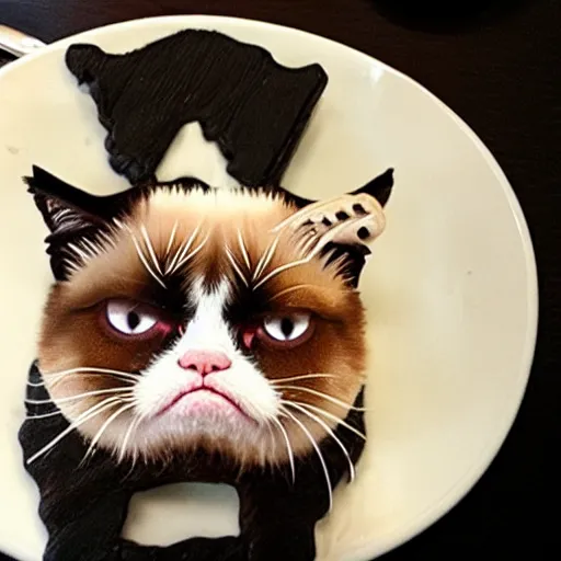 Prompt: grumpy cat eats a waffle
