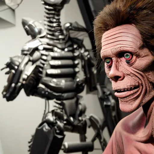 Image similar to animatronic Willem Dafoe by Stan Winston studios, behind the scenes photo, detailed, 4k