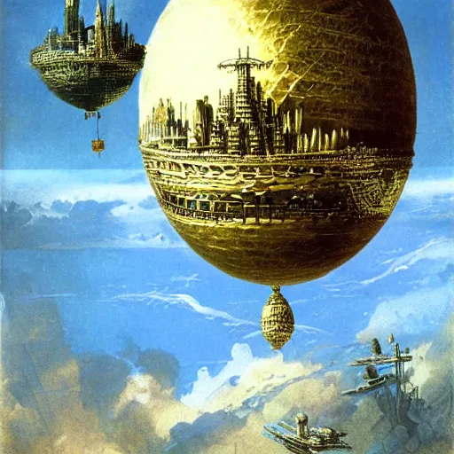 Image similar to enormous flying city in a faberge egg, sky, steampunk, fantasy art, masterpiece, hugh ferriss, digital, peder balke