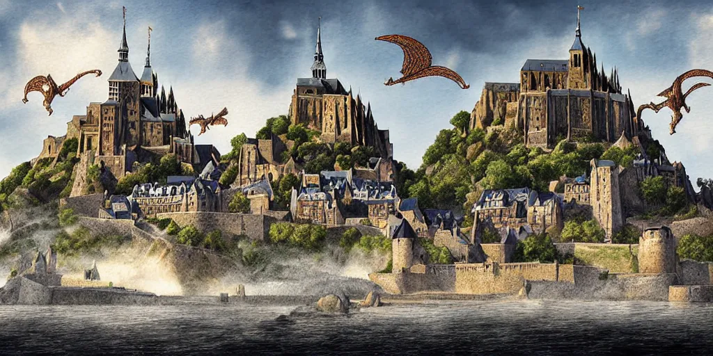 Prompt: landscape of Mont Saint-Michel under attack by dragons, highly detailed digital art