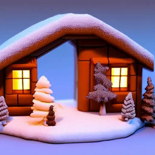 Image similar to cute clay model 3 d printed isometric cozy winter cabin at twilight, nintendo art