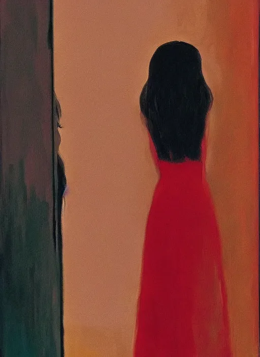 Image similar to a beautiful muse captivatingly dreaming and brushing her hair in front of a mirror made of existential void, the girl from the Ring crawling, in style of John Singer Sargant, Ilya Kuvshinov and Edward Hopper with eerie colors of Mark Rothko, highly detailed