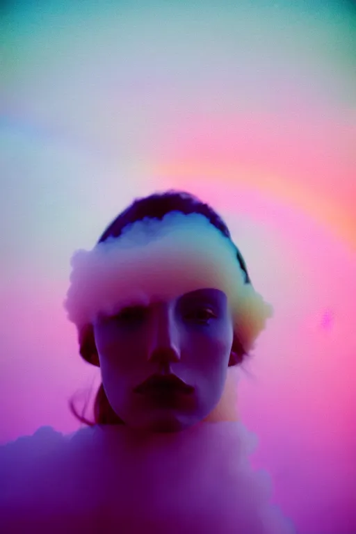 Image similar to high quality pastel coloured film close up wide angle photograph of a model wearing clothing swimming on cloud furniture in a icelandic black rock!! environment in a partially haze filled dreamstate world. three point light, rainbow. photographic production. art directed. pastel colours. volumetric clouds. pastel gradient overlay. waves glitch artefacts. extreme facial clarity. 8 k. filmic.