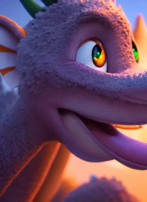 Image similar to 🐲, anime, disney, pixar, 8 k, hd, dof, kodak film, volumetric lighting, subsurface scattering, photorealistic, octane render, details