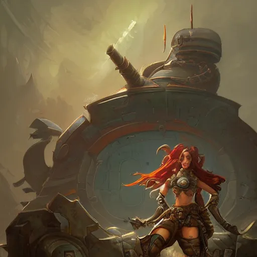 Image similar to Large multi-turreted tank, ultra wide lens shot , , pretty, beautiful, DnD character art portrait, matte fantasy painting, DeviantArt Artstation, by Jason Felix by Steve Argyle by Tyler Jacobson by Peter Mohrbacher, cinematic lighting