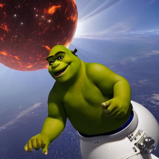 Image similar to shrek flying in a spacex ship, cinematic lighting, detailed, sharp focus