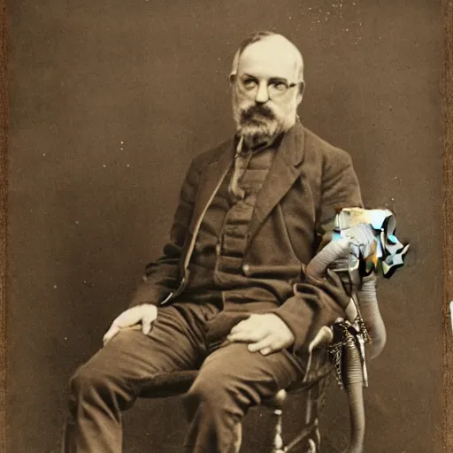 Image similar to a man on a chair with his miniature elephant on his lap