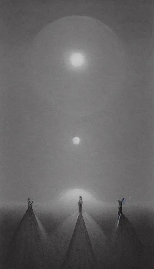 Prompt: the cult on the red moon shined desert, standing in the circle, screaming giant in the background by Zdzislaw beksinski