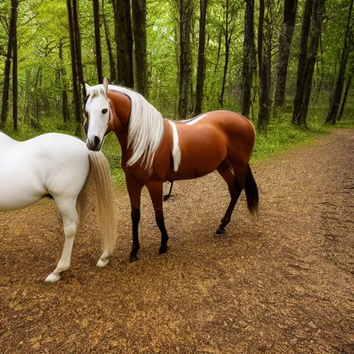 Image similar to two horses lying on the woods path, having arrows on their body, photo, 8 k