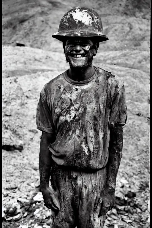 Prompt: Portrait of a coal Miner looking tired and over worked. Face dirty with soot. Smiling. Standing in front of a Mine. Portra 400. 35mm Film. f/1.8. Portrait photography. Ultra HD, 8K