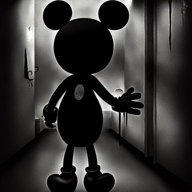 Image similar to Mickey Mouse in creepy Backrooms, best on artstation, cgsociety, ,epic, stunning, gorgeous, masterpiece photograph, dark and foreboding mood, creepy, scary, dangerous