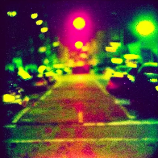 Image similar to colorful instant photograph of the middle of the street at night, polaroid, light leak, raw, nostalgic