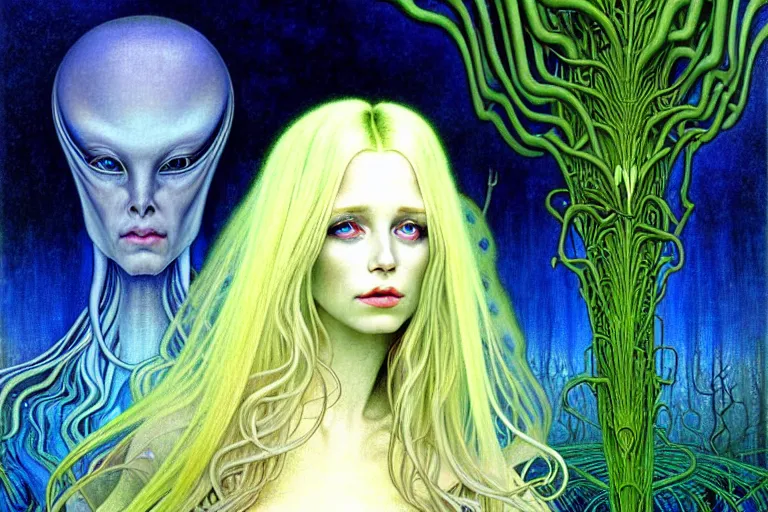 Image similar to realistic detailed portrait painting of a beautiful ghost woman with blond hair with an alien, futuristic sci-fi forest on background by Jean Delville, Amano, Yves Tanguy, Alphonse Mucha, Edward Robert Hughes, Roger Dean, rich moody colours, blue eyes