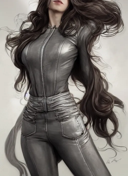 Image similar to girl in short white! top and short gray! leather jacket, long dark curly hair, high waist sweatpants, intricate, elegant, highly detailed, digital painting, artstation, concept art, smooth, clockwork, sharp focus, illustration, metart, art by artgerm and greg rutkowski and alphonse mucha, 8 k