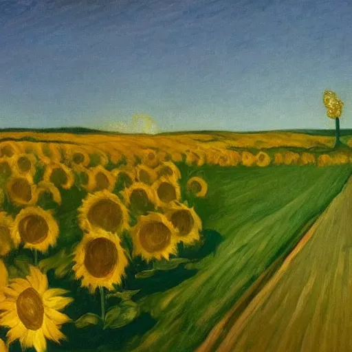 Prompt: an oil painting of a sunflower field is on fire in midnight by edward hopper