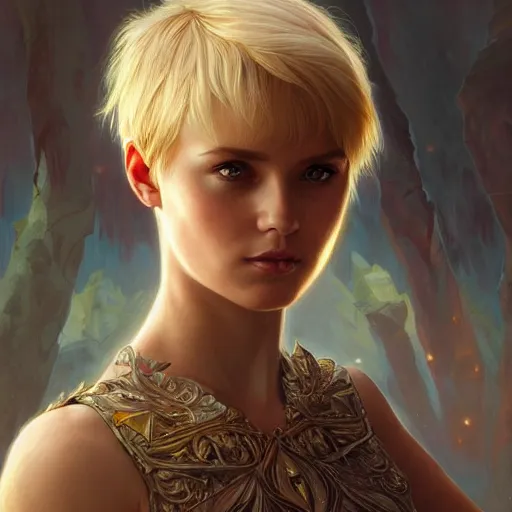 Image similar to an epic fantasy comic book style portrait painting of a young blonde girl with pixie haircut wearing plain tank top, confident, fantasy, intricate, elegant, highly detailed, digital painting, artstation, concept art, matte, sharp focus, illustration, art by artgerm and greg rutkowski and alphonse mucha