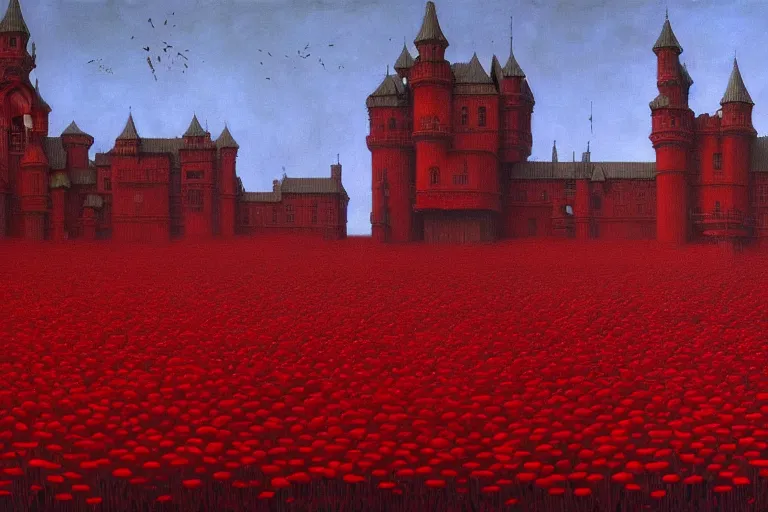 Image similar to only with red, red flowers of different types, red castle in background, red medieval goblins, in the style of beksinski, parts by edward hopper, parts by rodcenko, parts by yue minjun, intricate and epic composition, red by caravaggio, insanely quality, highly detailed, masterpiece, red light, artstation, 4 k