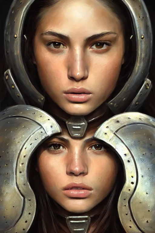 Image similar to a photo-realistically painted portrait of an attractive young girl, partially clothed in chunky battle armor, abstract background, flawless olive skin, fair complexion, long dark hair, beautiful bone structure, perfectly symmetric facial features, perfect photorealistic eyes, natural physique, intricate, elegant, digital painting, concept art, finely detailed, beautifully illustrated, sharp focus, minimal artifacts, volumetric lighting, from Metal Gear, by Ruan Jia and Mandy Jurgens and Artgerm and William-Adolphe Bouguerea, in the style of Greg Rutkowski, trending on Artstation, award winning art