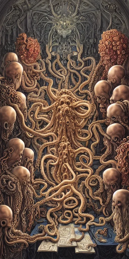 Prompt: group of mages in human bodies with octopus or medusa heads sitting near the table and arguing in an ancient mage castle with enormous scale, gothic and baroque, brutalist architecture, ultradetailed, Intricate by James Jean and Josan Gonzalez and John Howe and Giuseppe Arcimboldo