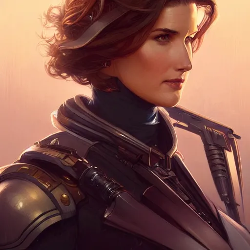 Image similar to Blonde Cobie Smulders as Commander Shepard, western, D&D, fantasy, intricate, elegant, highly detailed, digital painting, artstation, concept art, matte, sharp focus, illustration, art by Artgerm and Greg Rutkowski and Alphonse Mucha