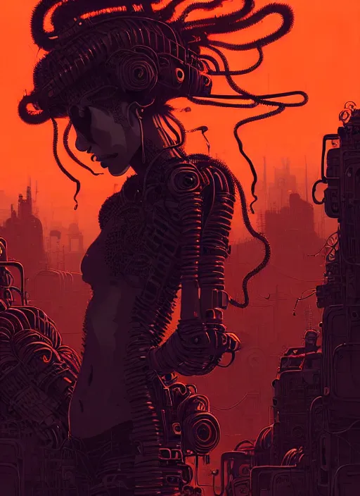 Image similar to highly detailed portrait of wasteland punk long curly fire hair tribal lady, stray wiring by atey ghailan, james gilleard, by joe fenton, by greg rutkowski, by greg tocchini, by kaethe butcher, 4 k resolution, gradient red, orange, black and white color scheme!!! ( ( flaming robotic dystopian city spiral background ) )