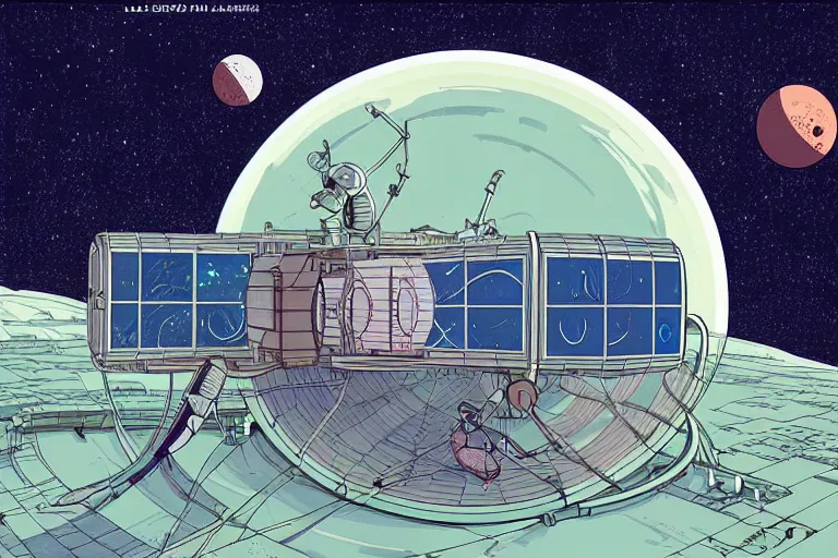 Prompt: a scifi illustration, hyper detailed external view of a lunar colony. cinematic wes anderson composition. flat colors, limited palette in FANTASTIC PLANET La planète sauvage animation by René Laloux