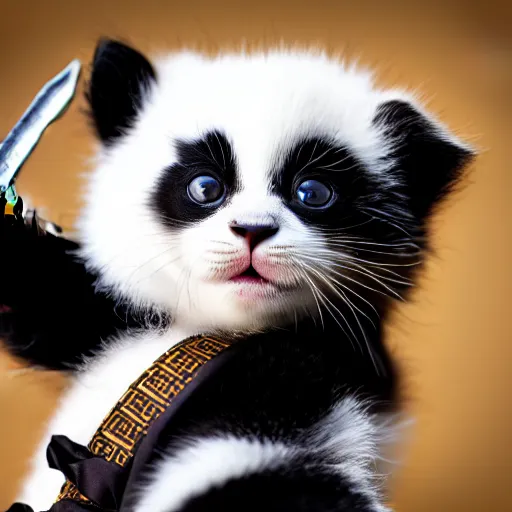 Image similar to cute kitten with panda body and cat face, in a kimono, holds a sword, highly detailed, sharp focus, photo taken by nikon, 4 k