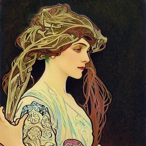 Prompt: a painting of a woman by alphonse mucha turned into a beautiful hand embroidery