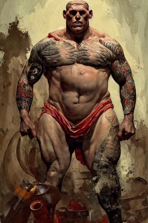 Prompt: exaggerated portrait of huge martyn ford as mythical greek single - eyed cyclops wearing butcher's apron, gigantic arms, by norman rockwell, jack kirby, alex ross, bergey, craig mullins, ruan jia, jeremy mann, tom lovell, 5 0 s science fiction, pulp scifi fantasy marvel illustration