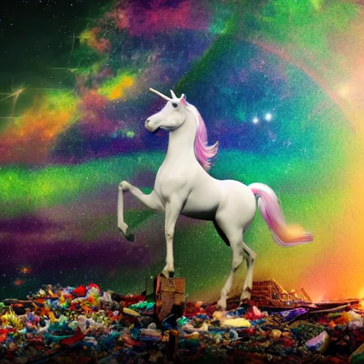 Prompt: 8 k capture scan of a iridescent unicorn with wings dancing in a garbage dump, the sky has the milky way, high textured, conceptual, photorealistic, illustration sharp