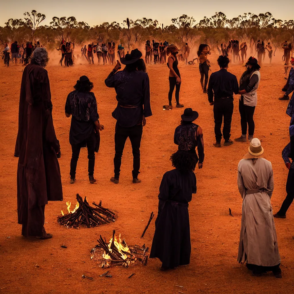 Image similar to atmospheric photograph of three ravers, two men, one woman, woman is in a trenchcoat, blessing the soil at night, seen from behind, people facing fire circle, two aboriginal elders, dancefloor kismet, diverse costumes, clean composition, desert transition area, bonfire, atmospheric night, australian desert, symmetry, sony a 7 r