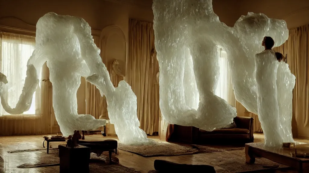 Image similar to a giant hand made of wax and water floats through the living room, film still from the movie directed by Denis Villeneuve with art direction by Salvador Dalí, wide lens