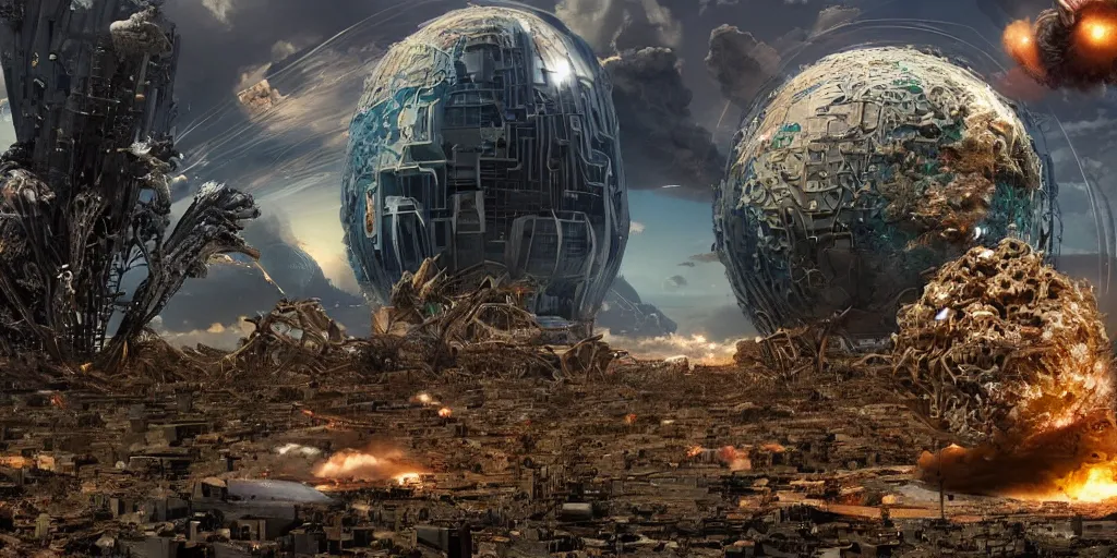 Prompt: view from 2 5 0 million miles in distance. a highly accurate depiction of earth slowly broken open, exploding, and pieces are floating apart. florida cyberpunk crab descendants bigger than the earth are smushing it in their massive claws. dramatic lighting, highly coherent, highly detailed, epic, digital art, valerian, silent running, fifth element, octane 3 d render.