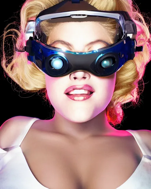 Prompt: centered portrait photo of soulful young anna nicole smith as a solarpunk mecha humanoid robotic parts wearing goggles with bright lights, real human face, pudica pose, inside white room, ultra - realistic and detailed, 8 k