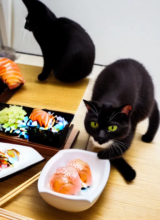 Image similar to clear photograph of cute cats stealing sushi from sushi plates