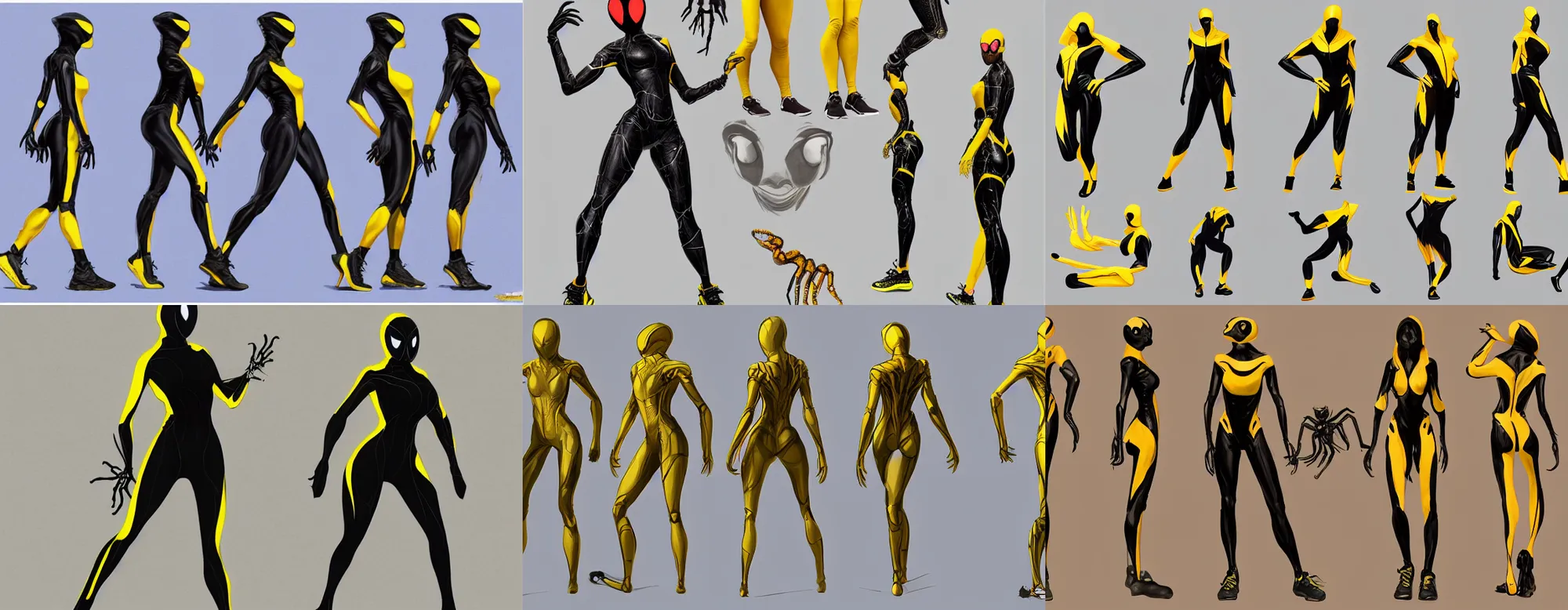 Prompt: full body character turnaround of a woman in an orb weaver spider costume standing in a relaxed pose, running shoes, character sheet, matte painting, spiderwoman!!, john singer sargent, good value control, highly detailed portrait, digital painting, concept art, realistic proportions, realistically proportioned body, illustration, black and yellow color scheme
