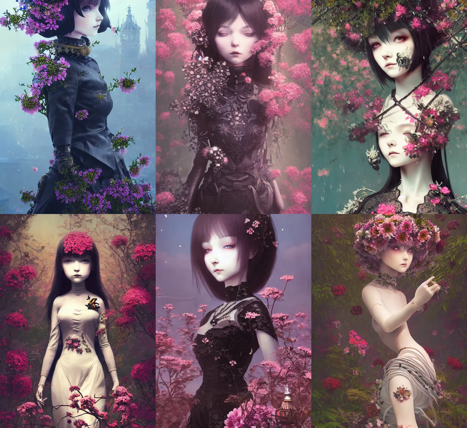 Image similar to detailed, sharp, dreaming humanoid female automata wearing gothic ornament surrounded by flowers floating in above a dystopia by Ilya Kuvshinov, digital art, surreal, trending on artstation, anime arts, featured on Pixiv, HD, 8K, highly detailed, good lighting, beautiful, epic, masterpiece