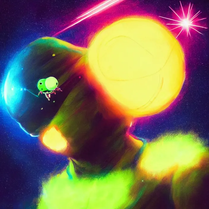 Image similar to cinematic portrait of a cute tennis ball monster in space, neon lasers, chalk, masterpiece, trending on artstation, featured on pixiv, cinematic composition, dramatic pose, beautiful lighting, sharp details, hyper - detailed, hd, hdr, 4 k, 8 k, art by basil gogos